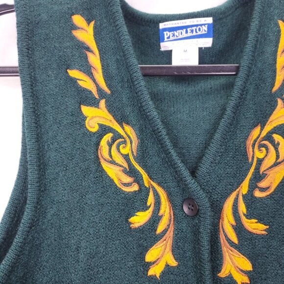 PENDLETON Vest Women's Petite M Green & Gold 100% Wool Button Up Embroidery VTG - Picture 4 of 8